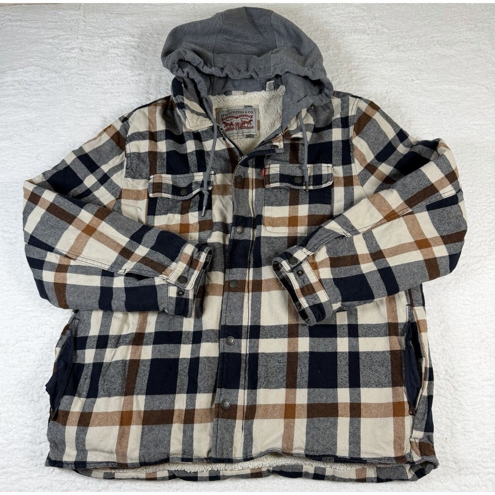 Levis Mens XL Plaid Sherpa Lined Hooded Jacket Brown Navy Flannel Shacket